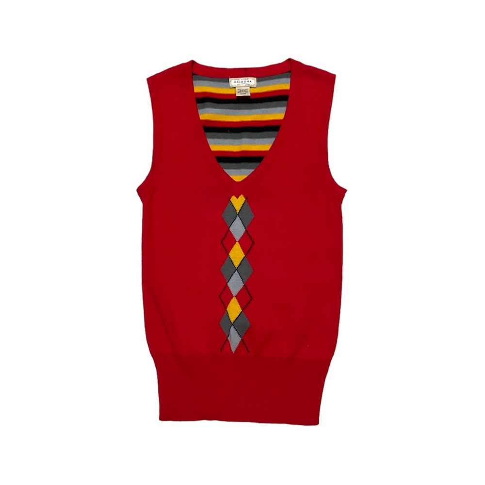 Arizona Arglye Sweater Vest Y2K Red Yellow Black Stripe Back V Neck Sleeveless